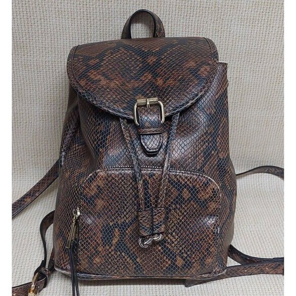 ALDO Brown & Gold Snakeskin Print Faux Leather Backpack Adjustable Straps - Picture 10 of 14